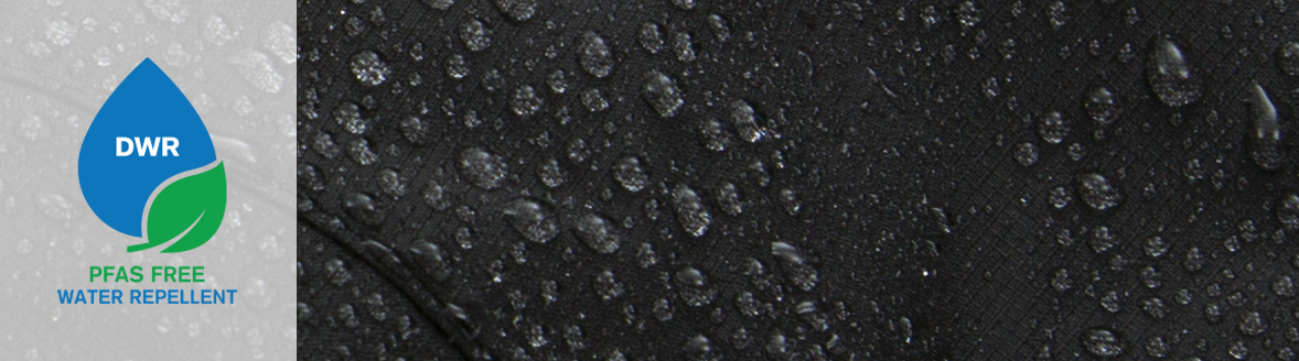 Water-repellent fabric with DWR logo.